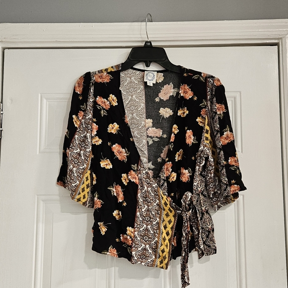 Blue Rain Tops - Blue Rain Floral Wrap Blouse - Black, Yellow, and Orange